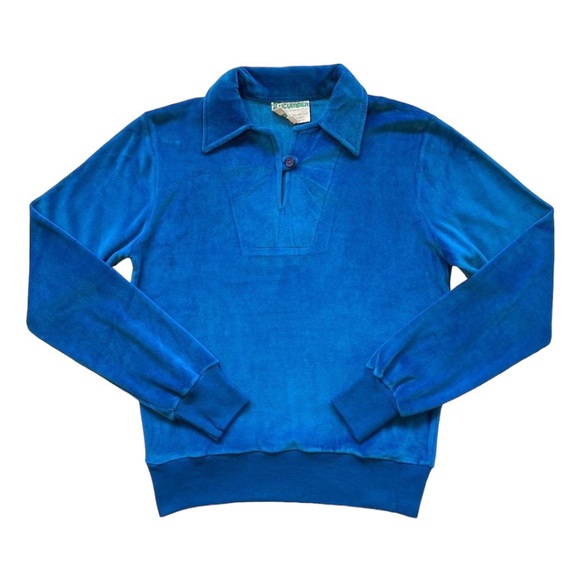 Vintage Tops - VTG 70s Blue Velour Collared Sweatshirt 🥒